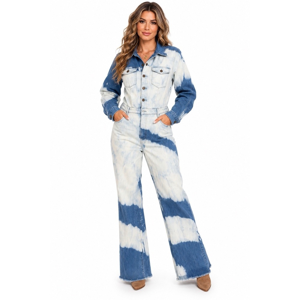 Fashion Nova Jordan Tie Dye Denim Jumpsuit Size 1X Y2K Boho Festival Wide Leg